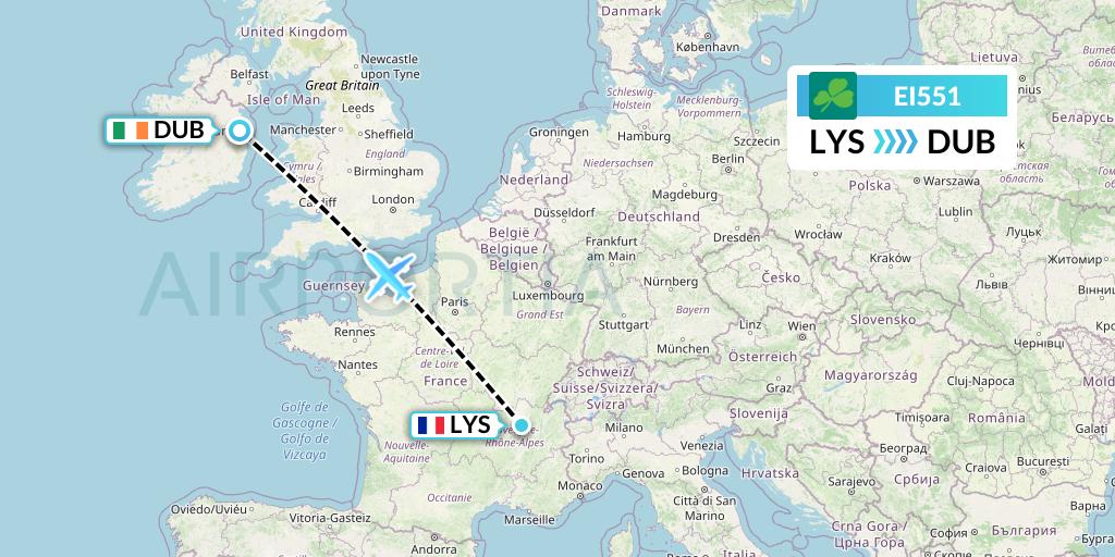 EI551 Aer Lingus Flight Map: Lyon to Dublin