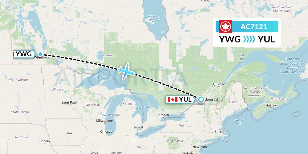 AC7121 Air Canada Flight Map: Winnipeg to Montreal