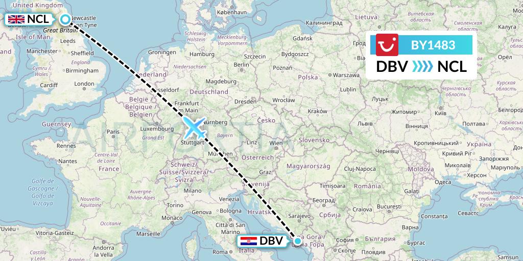 BY1483 TUI Airways Flight Map: Dubrovnik to Newcastle