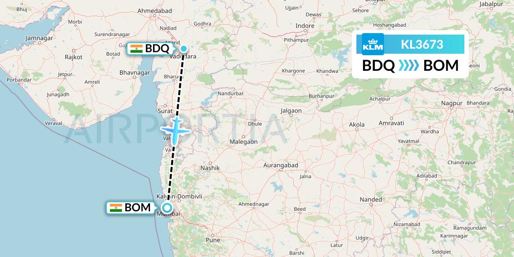 KL3673 KLM Flight Map: Vadodara to Mumbai