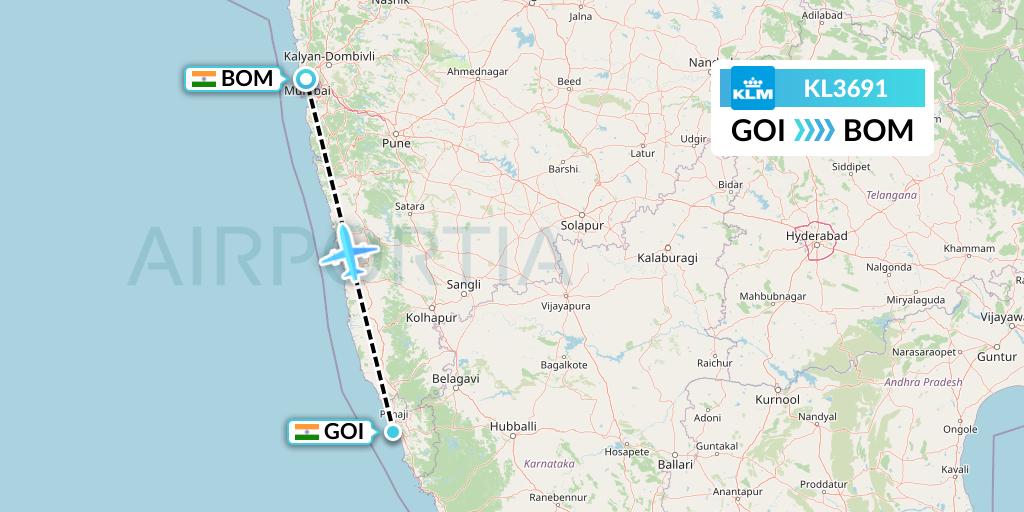 KL3691 KLM Flight Map: Goa to Mumbai