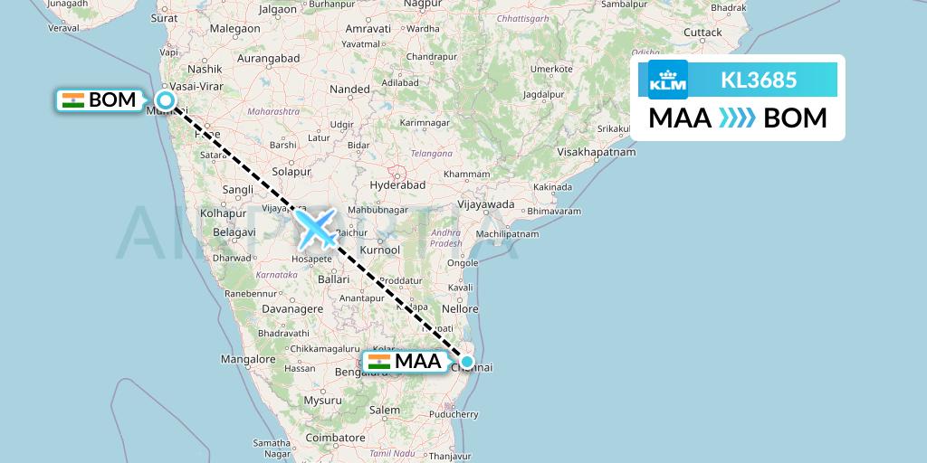 KL3685 KLM Flight Map: Chennai to Mumbai