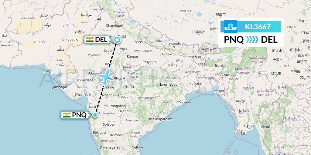 KL3667 KLM Flight Map: Pune to Delhi