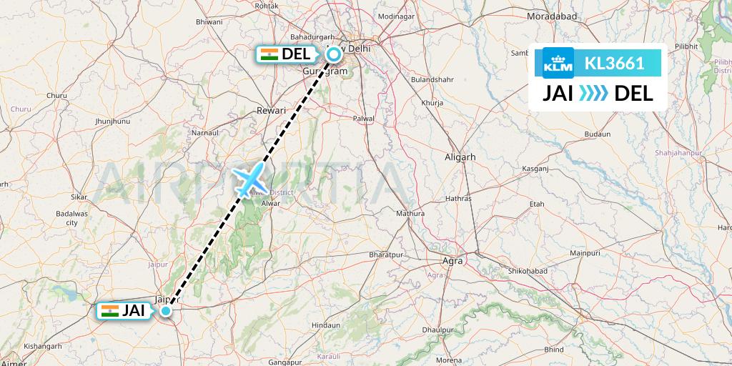 KL3661 KLM Flight Map: Jaipur to Delhi