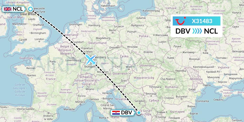 X31483 TUI fly Germany Flight Map: Dubrovnik to Newcastle