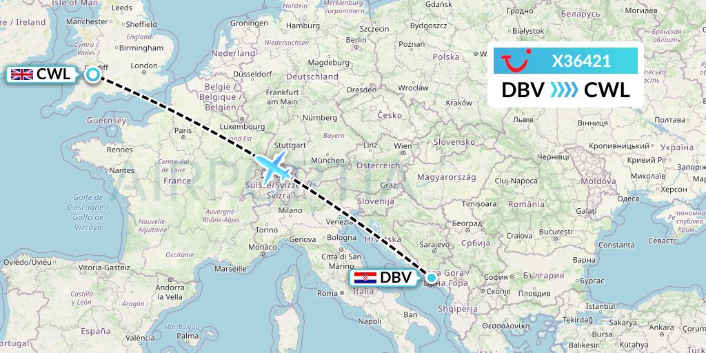 X36421 TUI fly Germany Flight Map: Dubrovnik to Cardiff