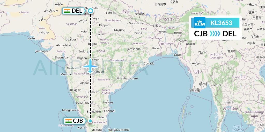 KL3653 KLM Flight Map: Coimbatore to Delhi