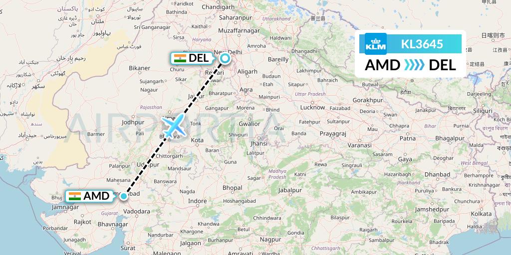 KL3645 KLM Flight Map: Ahmedabad to Delhi