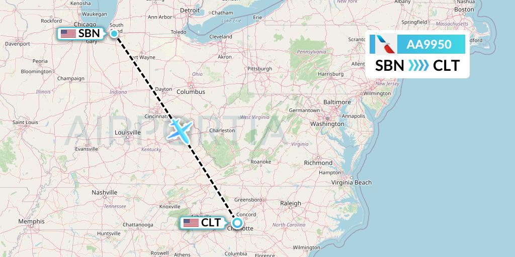 AA9950 American Airlines Flight Map: South Bend to Charlotte