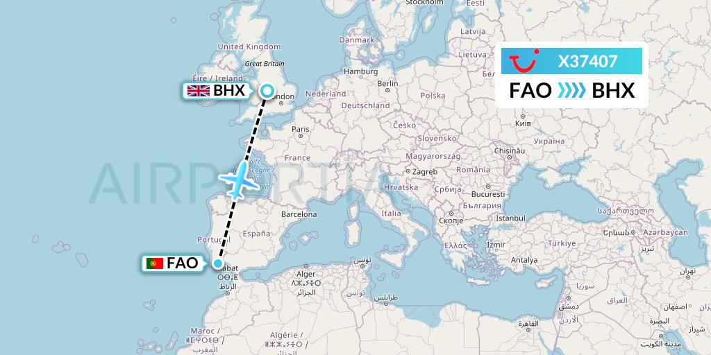 X37407 TUI fly Germany Flight Map: Faro to Birmingham