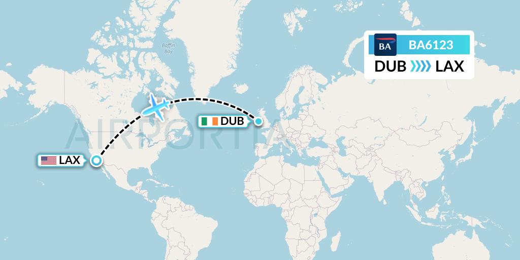 BA6123 British Airways Flight Map: Dublin to Los Angeles