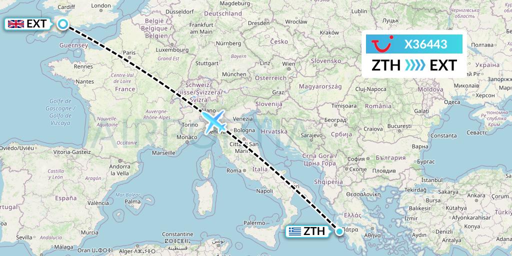 X36443 TUI fly Germany Flight Map: Zakynthos to Exeter