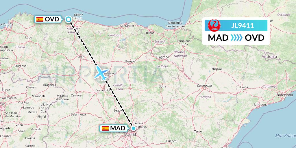 JL9411 Japan Airlines Flight Map: Madrid to Asturias