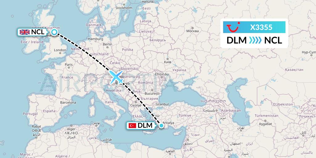 X3355 TUI fly Germany Flight Map: Dalaman to Newcastle