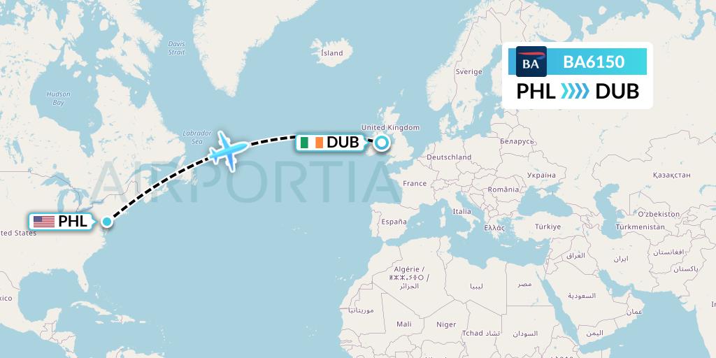 BA6150 British Airways Flight Map: Philadelphia to Dublin