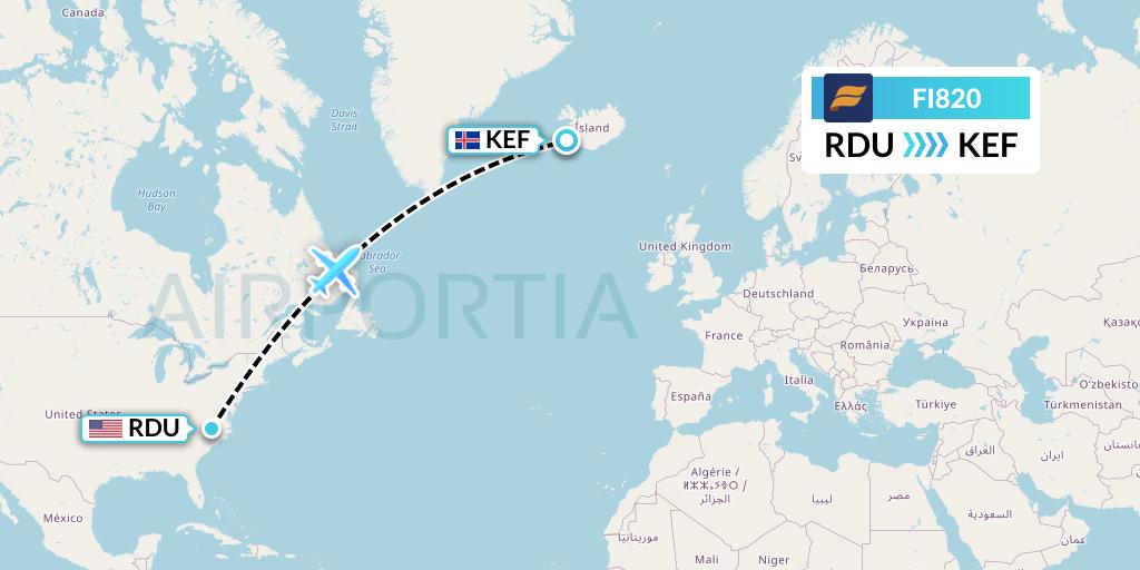 FI820 Icelandair Flight Map: Raleigh-Durham to Reykjavik
