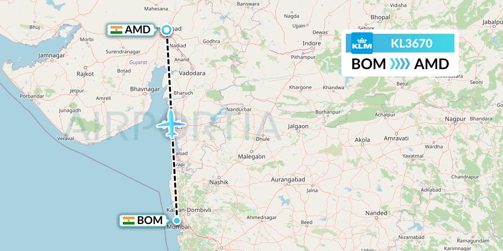 KL3670 KLM Flight Map: Mumbai to Ahmedabad