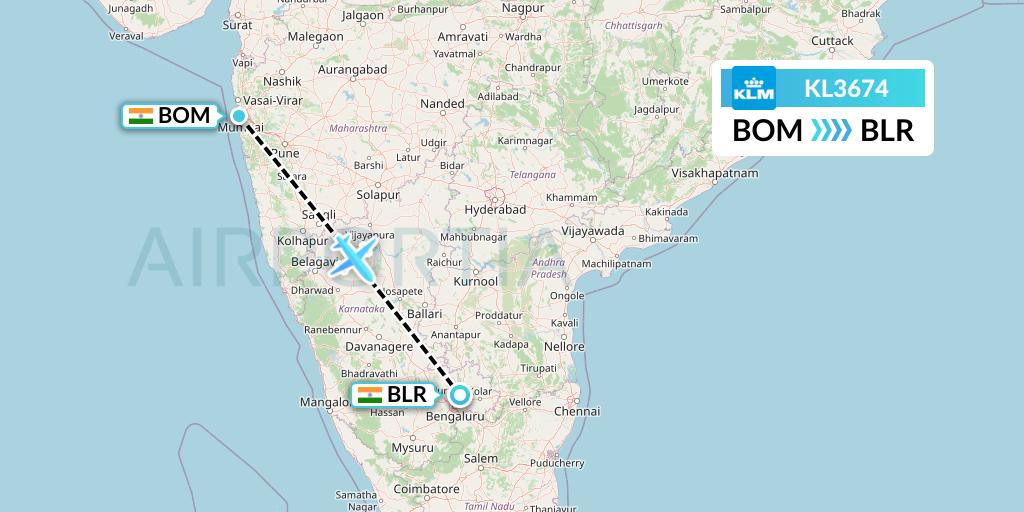 KL3674 KLM Flight Map: Mumbai to Bangalore