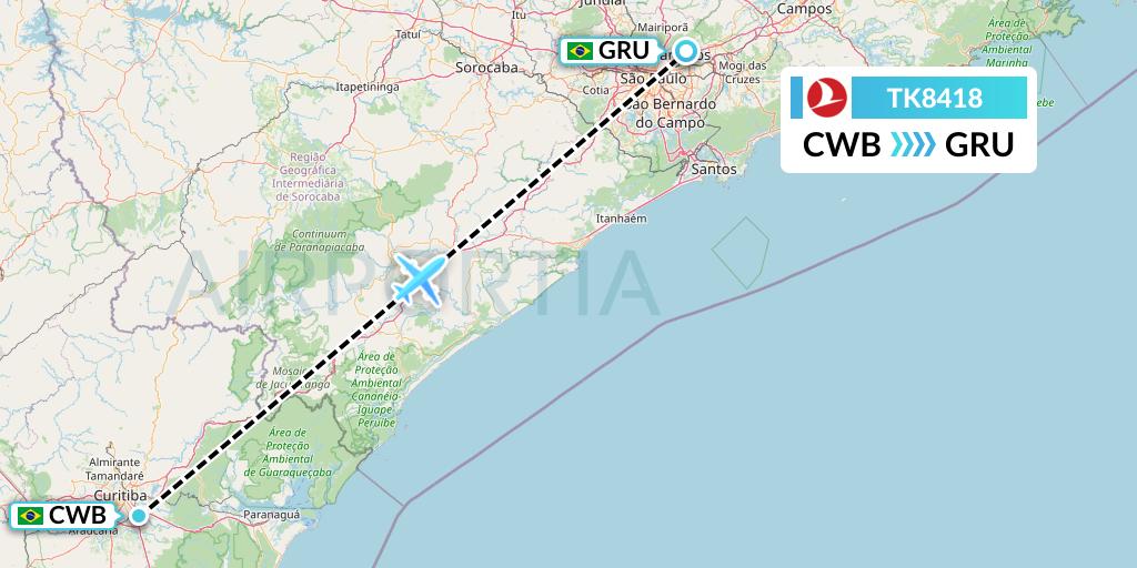 TK8418 Turkish Airlines Flight Map: Curitiba to Sao Paulo