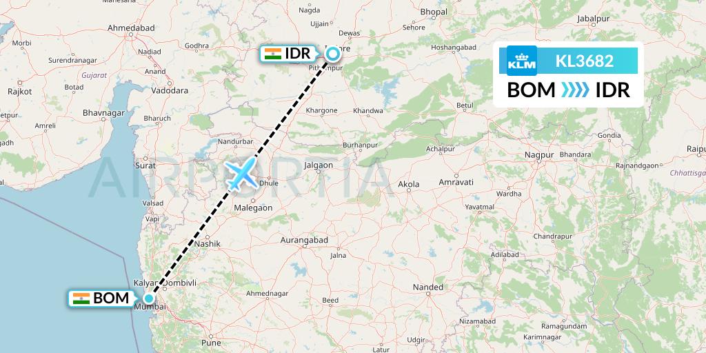 KL3682 KLM Flight Map: Mumbai to Indore