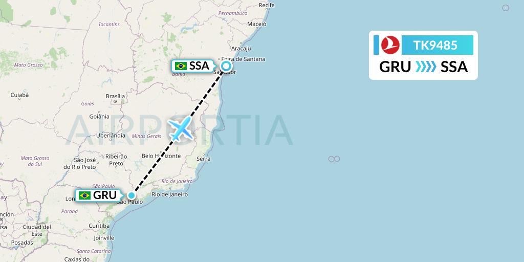 TK9485 Turkish Airlines Flight Map: Sao Paulo to Salvador