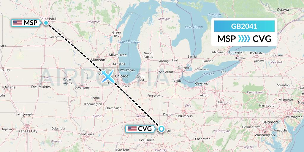 GB2041 ABX Air Flight Map: Minneapolis to Cincinnati