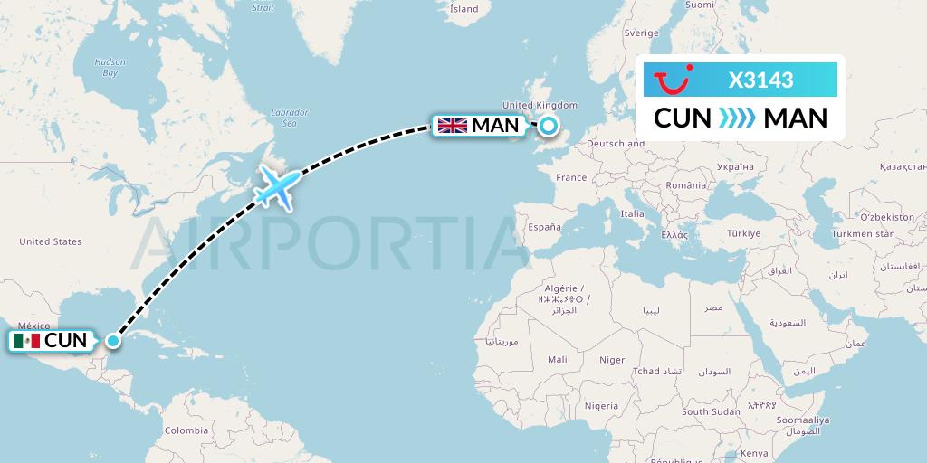 X3143 TUI fly Germany Flight Map: Cancun to Manchester