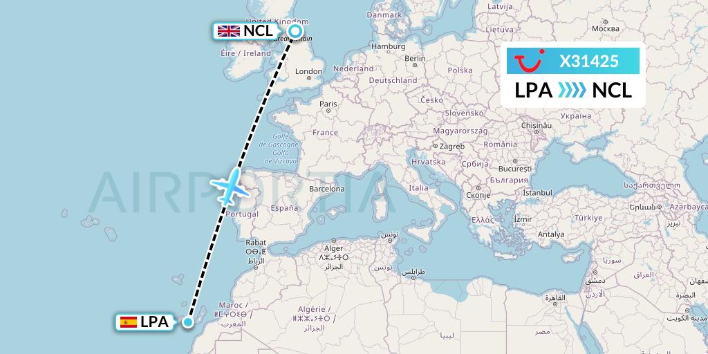 X31425 TUI fly Germany Flight Map: Las Palmas to Newcastle