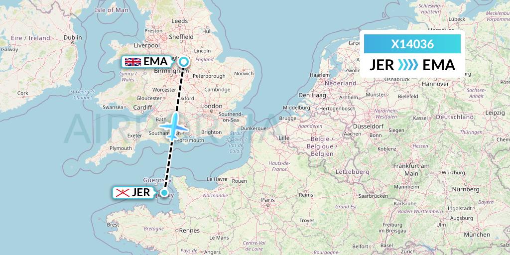 X14036 Nik Airways Flight Map: Jersey to East Midlands