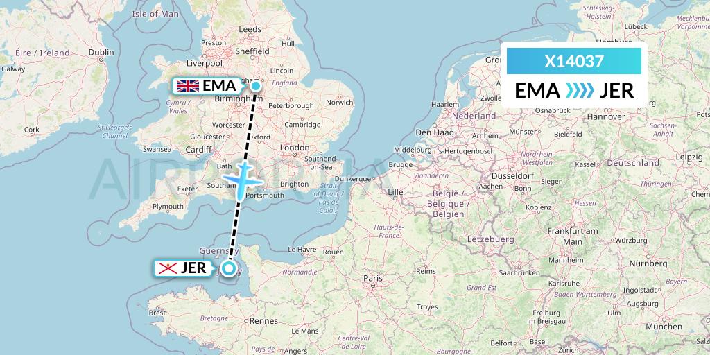 X14037 Nik Airways Flight Map: East Midlands to Jersey