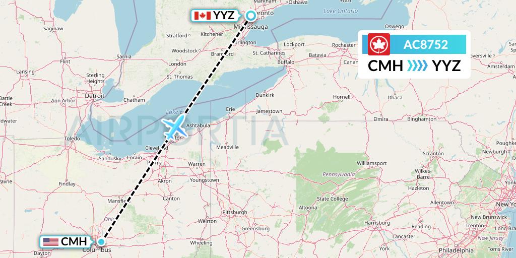 AC8752 Air Canada Flight Map: Columbus to Toronto