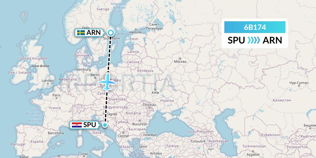 6B174 TUI fly Nordics Flight Map: Split to Stockholm