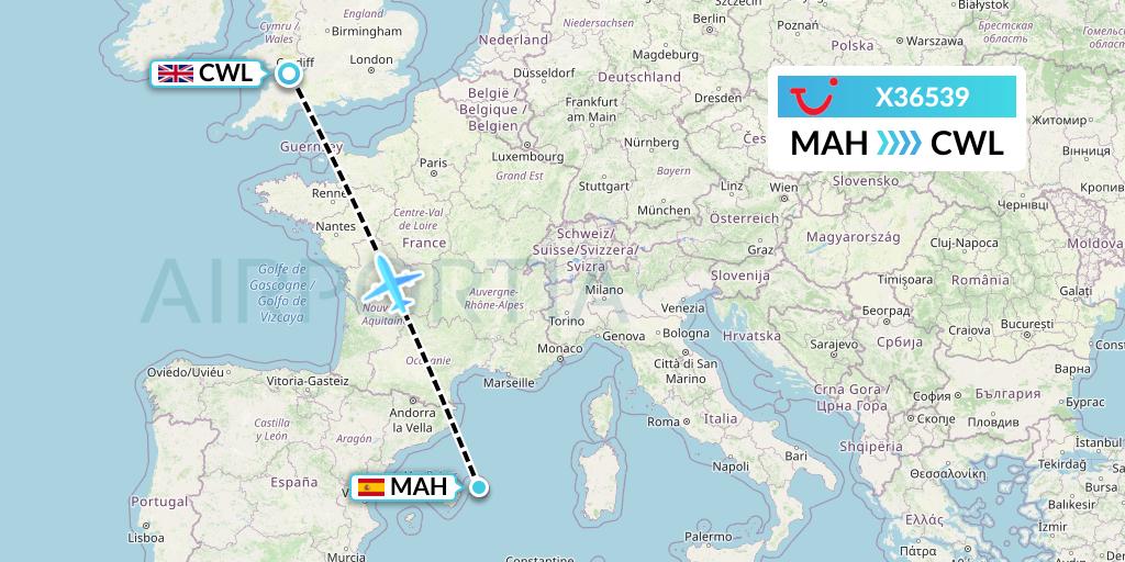 X36539 TUI fly Germany Flight Map: Mahon to Cardiff