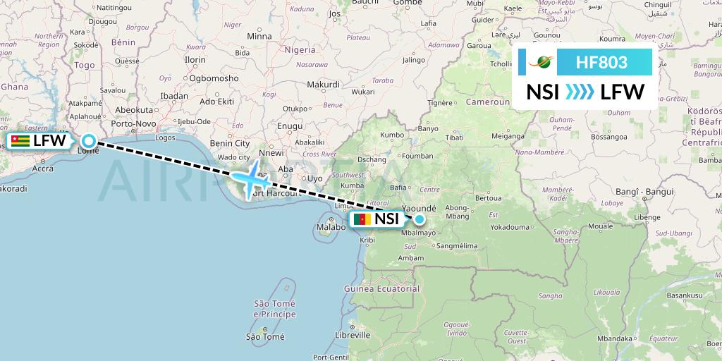HF803 Air Cote d'Ivoire Flight Map: Yaounde to Lome