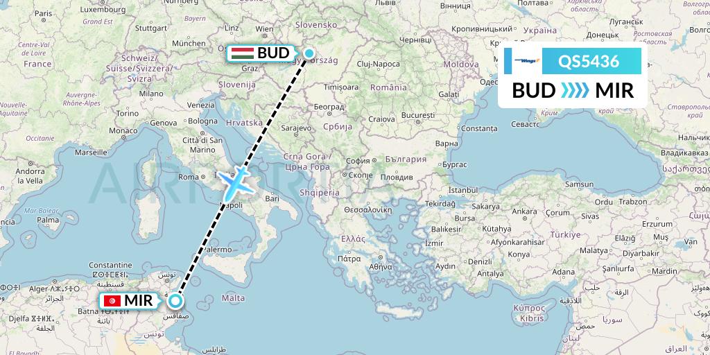 QS5436 Smartwings Flight Map: Budapest to Monastir