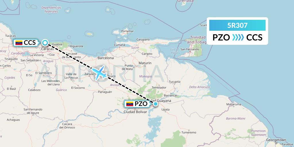 5R307 Rutaca Airlines Flight Map: Puerto Ordaz to Caracas