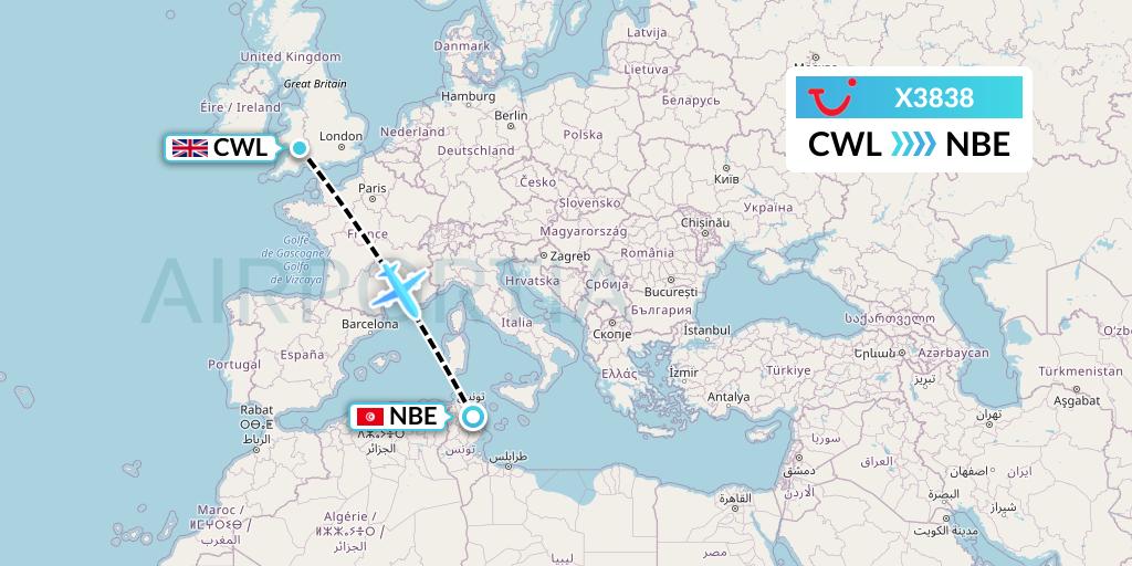 X3838 TUI fly Germany Flight Map: Cardiff to Enfidha