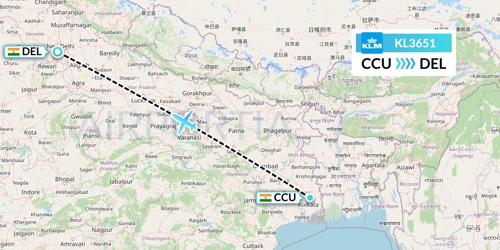 KL3651 KLM Flight Map: Kolkata to Delhi