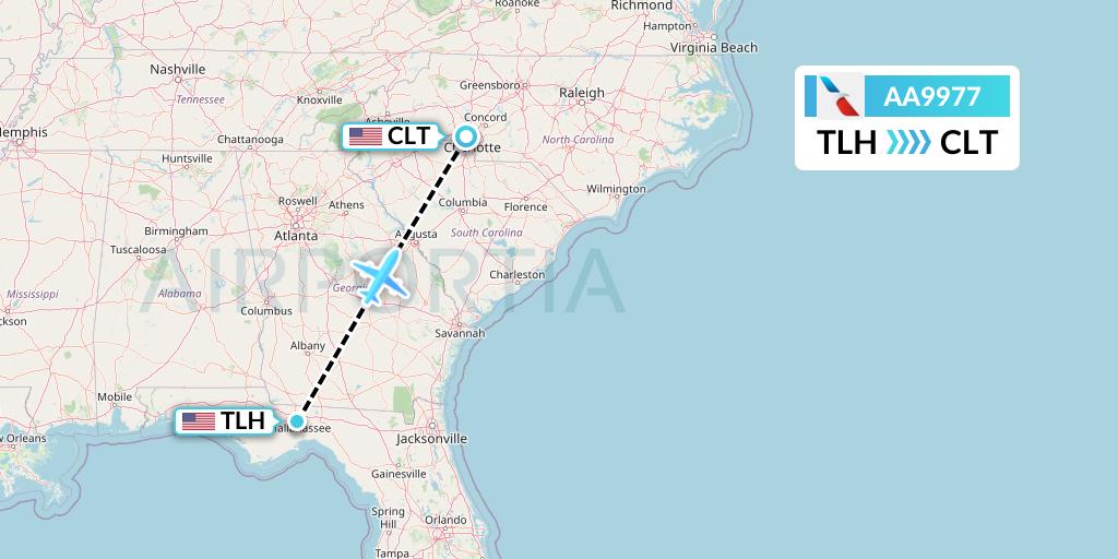 AA9977 American Airlines Flight Map: Tallahassee to Charlotte