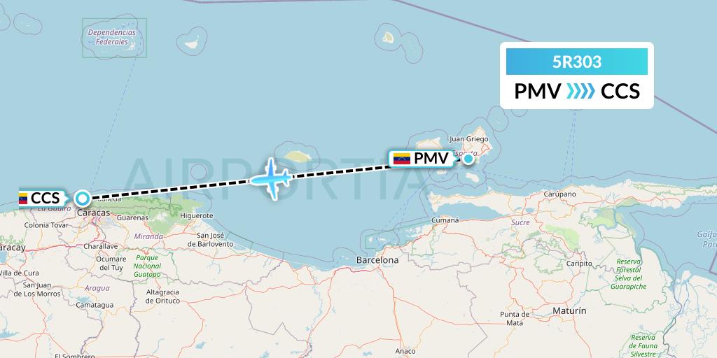 5R303 Rutaca Airlines Flight Map: Porlamar to Caracas