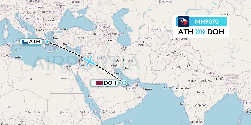MH9070 Malaysia Airlines Flight Map: Athens to Doha