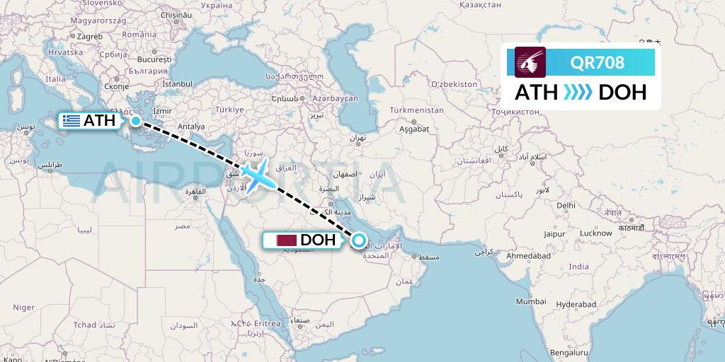 QR708 Qatar Airways Flight Map: Athens to Doha
