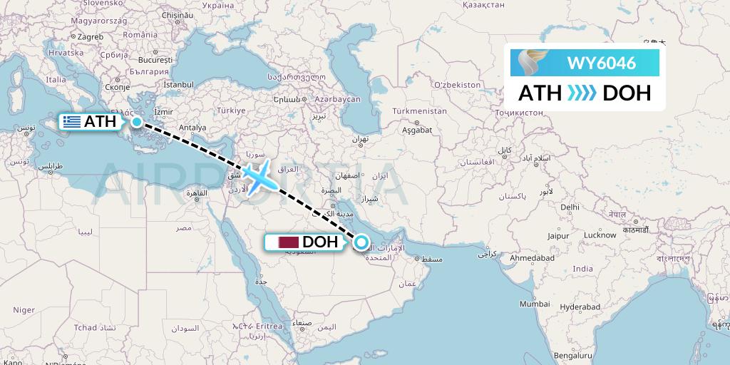 WY6046 Oman Air Flight Map: Athens to Doha