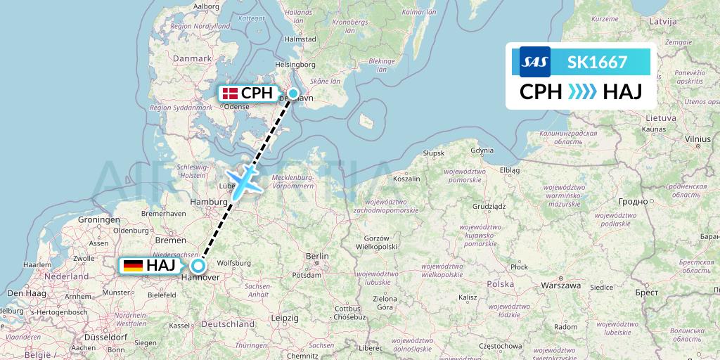 SK1667 SAS Flight Map: Copenhagen to Hannover