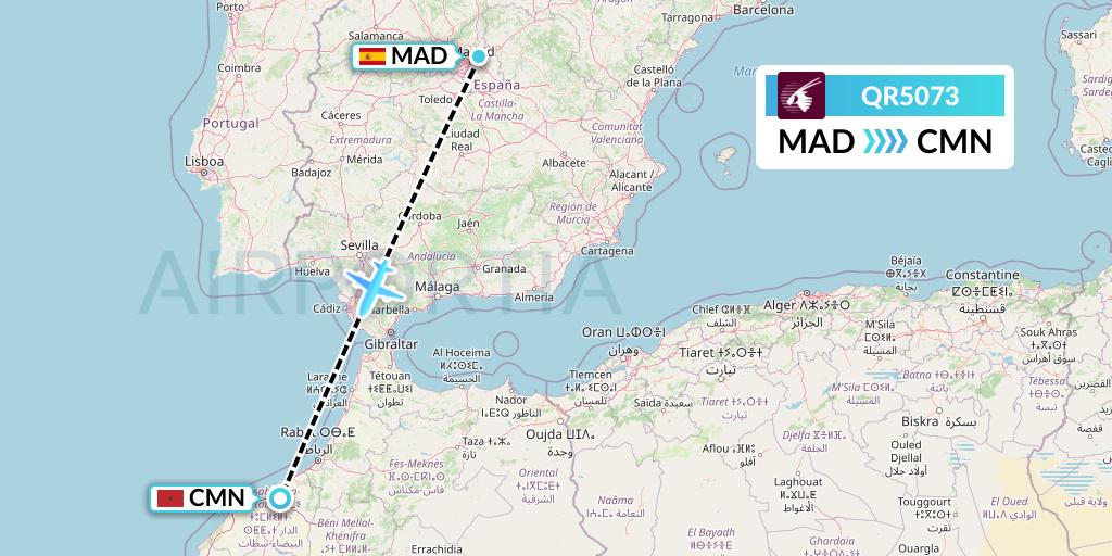 QR5073 Qatar Airways Flight Map: Madrid to Casablanca