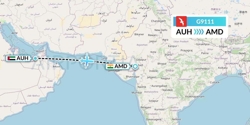 G9111 Air Arabia Flight Map: Abu Dhabi to Ahmedabad