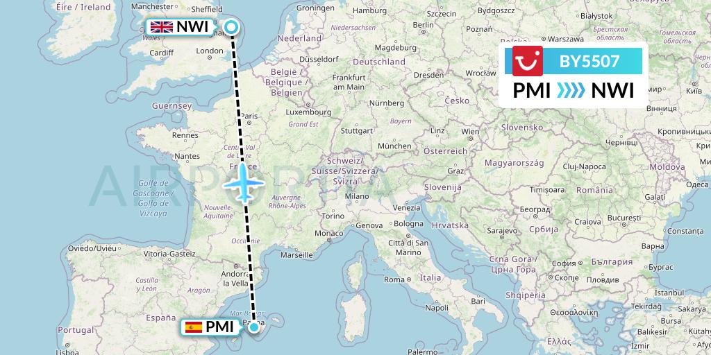 BY5507 TUI Airways Flight Map: Palma de Mallorca to Norwich