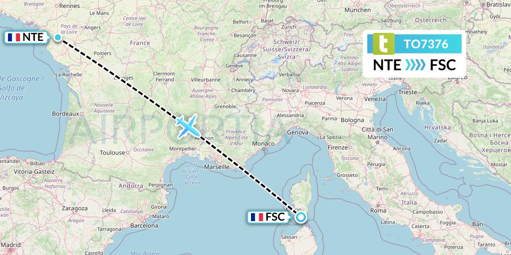 TO7376 Transavia France Flight Map: Nantes to Figari