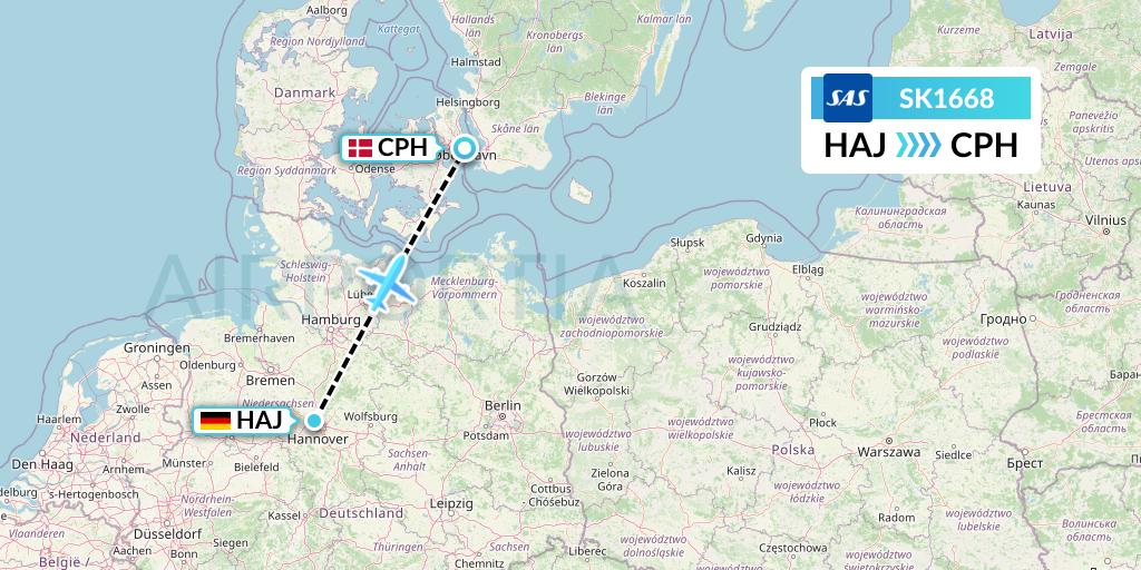 SK1668 SAS Flight Map: Hannover to Copenhagen