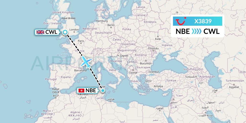 X3839 TUI fly Germany Flight Map: Enfidha to Cardiff